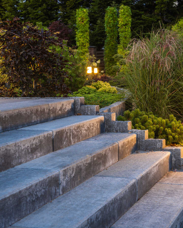 Stone stairway with outdoor lighting